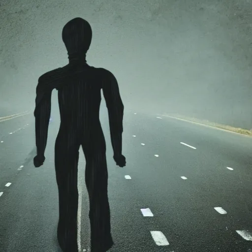 Image similar to a photo of a creepy figure standing in the middle of the road, found footage, dark, scary, 8k, hd