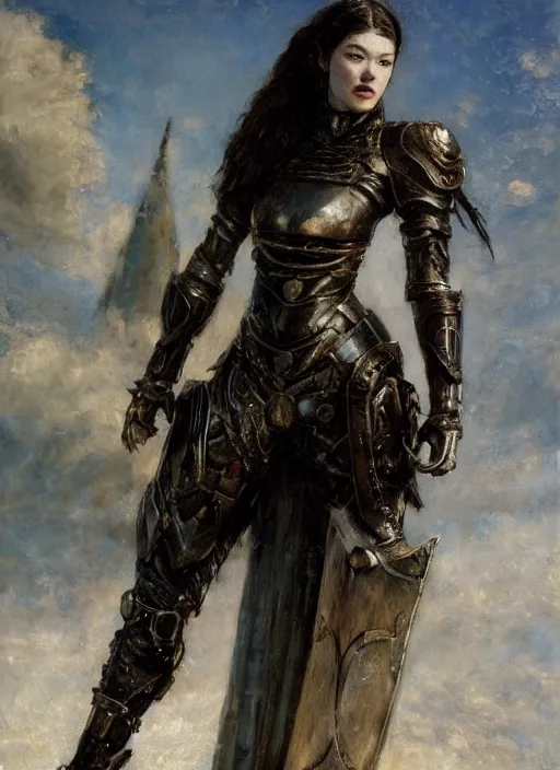 Image similar to stoya wearing full body black medieval armour, by gaston bussiere, bayard wu, greg rutkowski, giger, maxim verehin, greg rutkowski, masterpiece, sharp focus, cinematic lightning