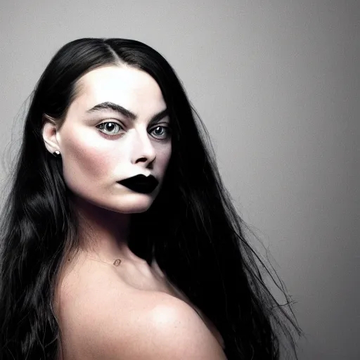 Image similar to a masterpiece portrait photo of a beautiful young woman who looks like a goth margot robbie, symmetrical face