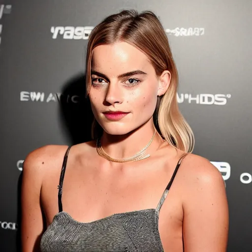 Image similar to a woman who is a genetic combination of margot robbie and emma watson face and upper - body focus