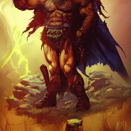 Prompt: a realistic full body portrait of Zaug, Slayer of hope, a combination of a beefy conan the barbarian and a warlock with a kind heart, in the background is a normal suburban backyard by Anato Finnstark, Jordan Grimmer, Ross Tran, and Vincent Di Fate Nausicaa