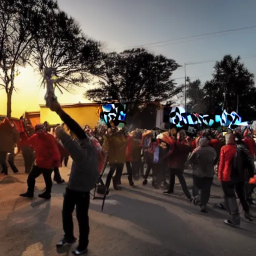 Prompt: crazy mob attacking a mcdonalds with torches and pitchforks in the morning as the sun rises over the horizon