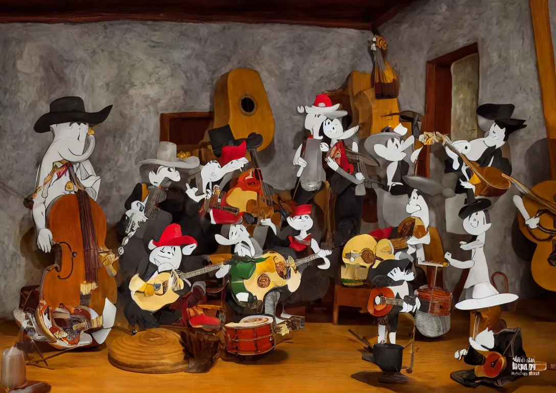 Prompt: The Moomins playing mariachi. Mexican tavern, low ceiling, small chamber. Hyperrealistic, ultra detailed, 80mm, museum, artwork. Empty. Daylight.