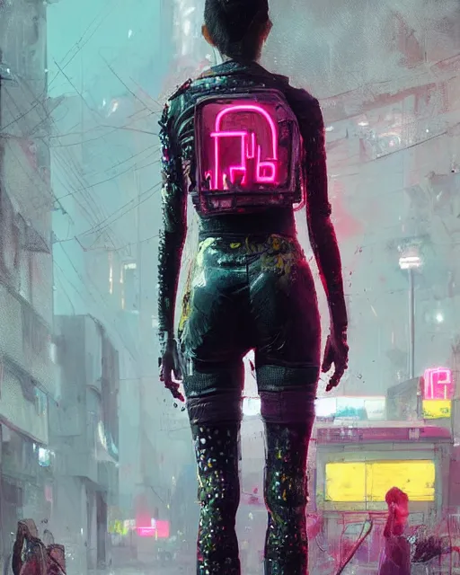 Image similar to detailed portrait Neon guard woman with very short dark hair seen from the back, cyberpunk futuristic, reflective puffer jacket, black leggings, decorated with traditional ornaments in front of a dystopian crowd with piles of garbage by Ismail inceoglu dragan bibin hans thoma, Perfect face, fine details, realistic shaded, fine-face, pretty face