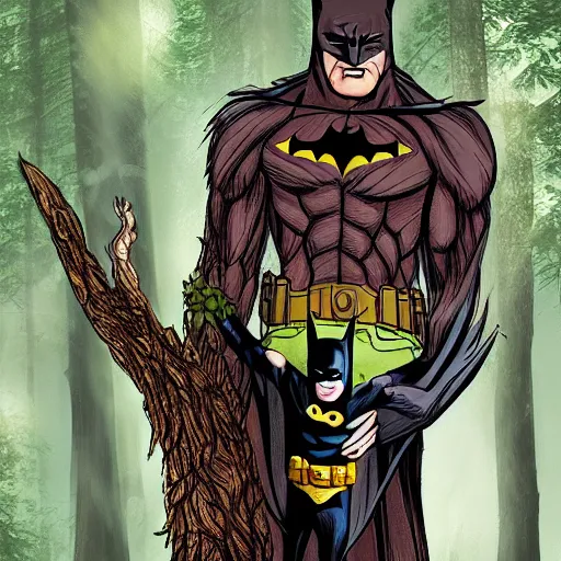 Image similar to batman meets groot in the woods digital art 4 k detailed super realistic