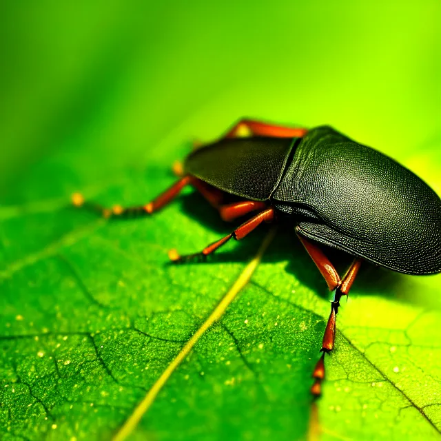 Image similar to a close up view of a bug on a leaf, a macro photograph, featured on cg society, macro lens, ultra detailed, macro photography, atmospheric lighting, intricate, volumetric lighting, beautiful, sharp focus, in the art style of marc simonetti, bowater charlie and brom gerald, astrophotography