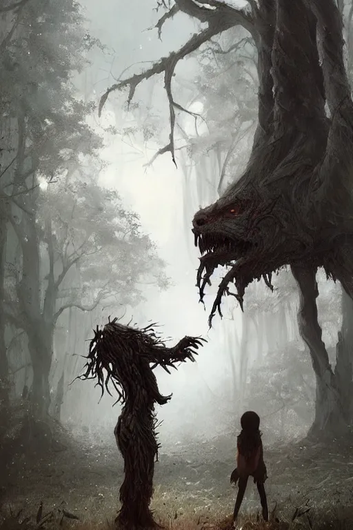 Image similar to a beautiful terrifying tree monster looms over a tiny human. at dawn, ethereal fantasy art by greg rutkowski