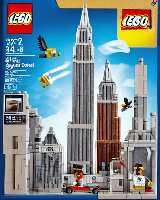 Prompt: lego new york skyscaper and pigeon set