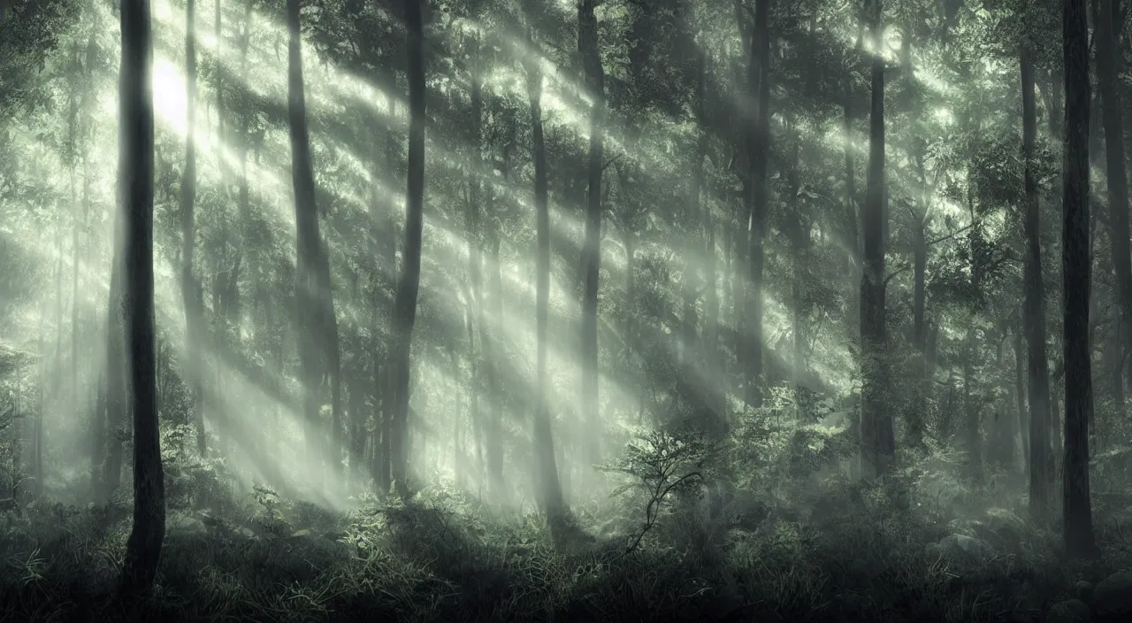 Prompt: forest mist sun beams mysterious scary deep dark hyper realistic detailed digital art octane render