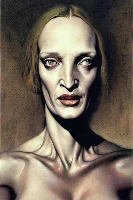 Image similar to an portrait of uma thurman in the style of wayne barlowe, gustav moreau, goward, bussiere, roberto ferri, santiago caruso, luis ricardo falero, austin osman spare