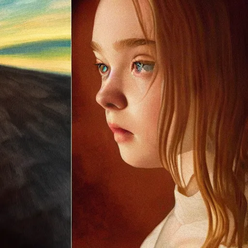 Prompt: Elle Fanning, head and shoulders masterpiece, apocalypse, golden hour, cosmic horror, artstation, in the style of Renaissance and Edward Hopper and Bosch, extremely detailed