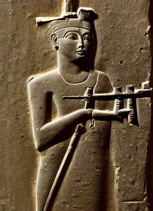 Image similar to a very worn out ancient egyptian relief of a man holding a bolt action rifle, award winning photo