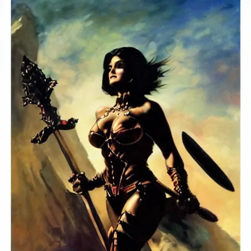 Image similar to a frank frazetta oil painting of selina gomez as a beautiful muscular salma hayek wearing black armor holding a large battle axe, dynamic shot, hd 4 k, intricate, highly detailed, atmospheric, sharp