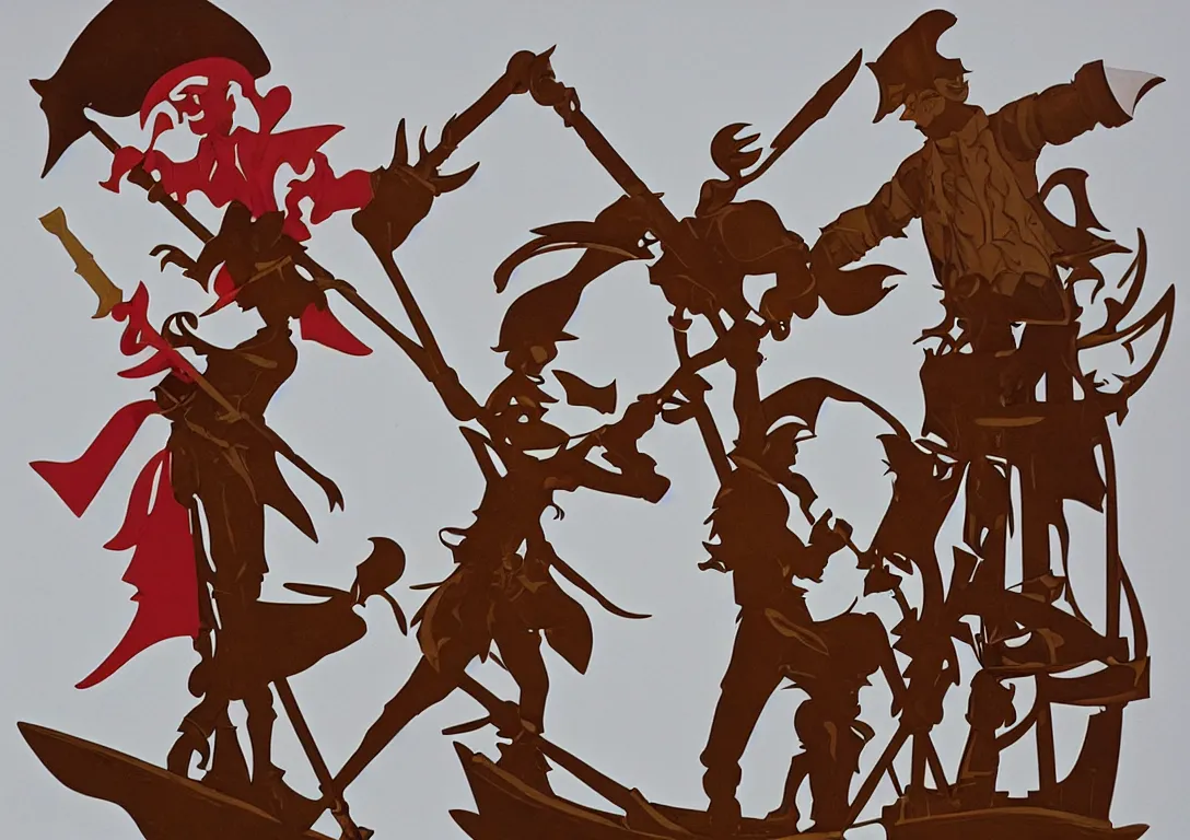 Image similar to a stylized cut paper sculpture of peter pan and captain hook swordfighting on a pirate ship