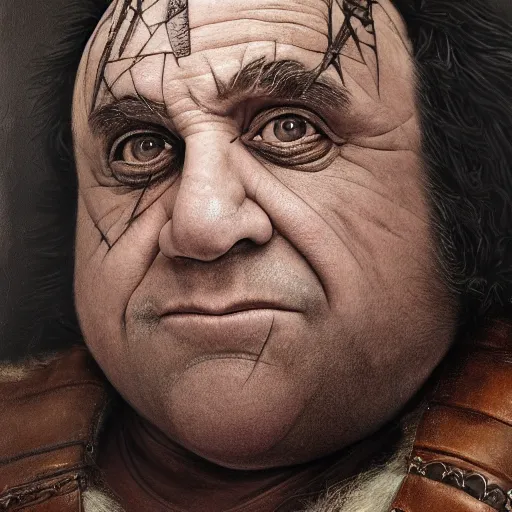 Prompt: danny devito as a barbarian warrior, legendary warrior, leather straps, tattoos, piercings, fur and leather armor, beautiful, sharp detail, photo realism, robin eley, oil painting