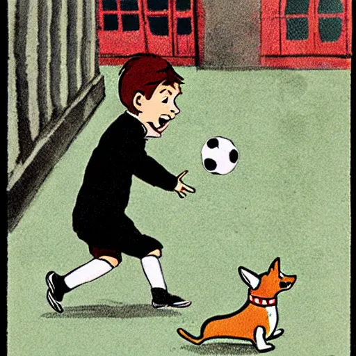 Image similar to book illustration of a french boy on the streets of paris playing football against a corgi, the dog is wearing a polka dot scarf, 1 9 6 6