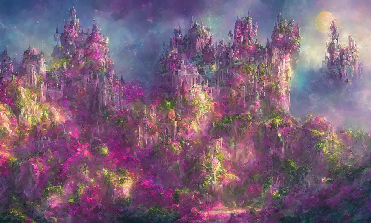 Image similar to concept art of the colorful rose castle, spectacular, magnificent, fantasy, by georgia hart and osnat fine art,