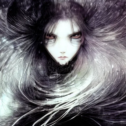 Image similar to Yoshitaka Amano blurred and dreamy illustration of an anime girl with wavy white hair and cracks on her face wearing Elden ring armour with the cape fluttering in the wind, abstract black and white patterns on the background, noisy film grain effect, highly detailed, Renaissance oil painting, weird portrait angle