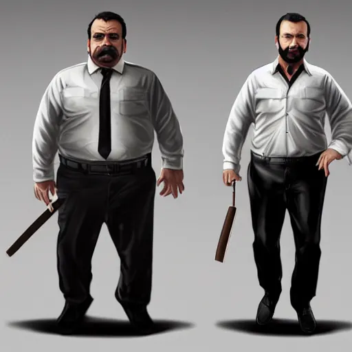 Image similar to a midage italian male, beardless, short black hair with gel, overweight, fine white shirt, leather belt, black pants, leather shoes, smoking a cigar, full body, gta v style, concept art, highly detailed, hyper realistic, unreal engine