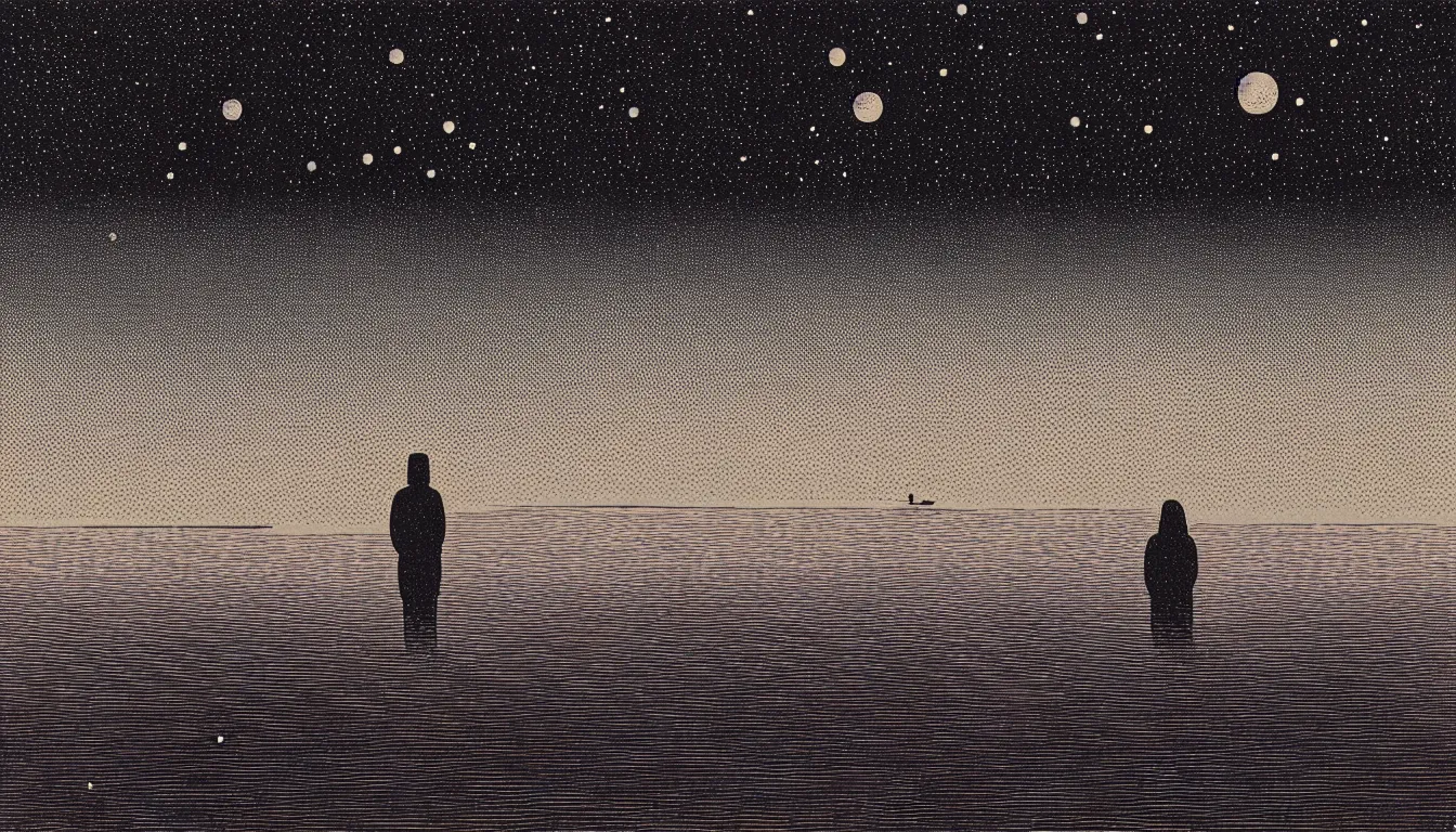 Image similar to standing in a lake looking at reflection of the night sky by woodblock print, nicolas delort, moebius, victo ngai, josan gonzalez, kilian eng