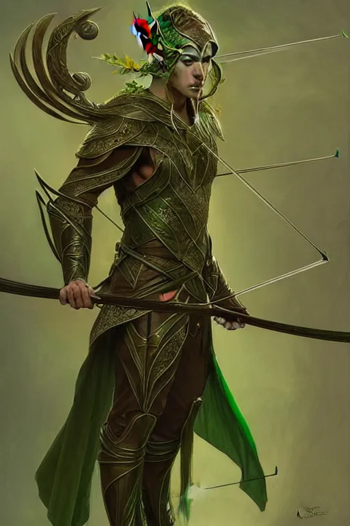 Prompt: male elven Archer armor made of green leaves, fantasy, amber eyes, face, long hair, intricate, elegant, highly detailed, digital painting, artstation, concept art, smooth, sharp focus, illustration, art by artgerm and greg rutkowski and alphonse mucha