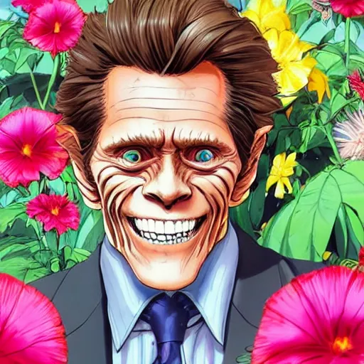 Image similar to willem dafoe, grinning, wearing a suit, posing, portrait surrounded by hibiscus flowers, jojo cover art, jojo anime style, david production, style of vento aureo cover art, style of stone ocean cover art, style of steel ball run cover art, style of jojolion cover art, ilya kuvshinov style, illustrated by hirohiko araki