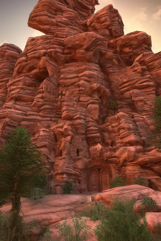 Image similar to beautiful dwelling complex of sandstone, built in red rock canyon, a fusion of star wars and gothic revival architecture, natural volumetric lighting, realistic high detail 4 k render