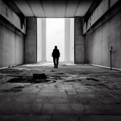 Image similar to black and white security camera image of a black silhouette of a figure caught in an abandoned brutalism structure