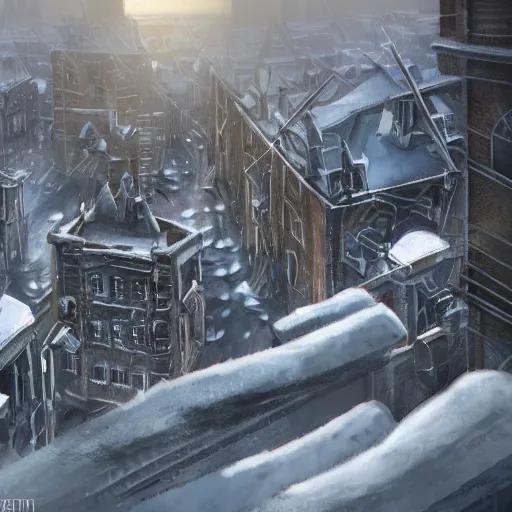 Prompt: view down from a vertical towering structure, dense, towers, towering blocks, bridges, russian style, snow, roofs, stormy sunset, airships, wide angle lens, concept art