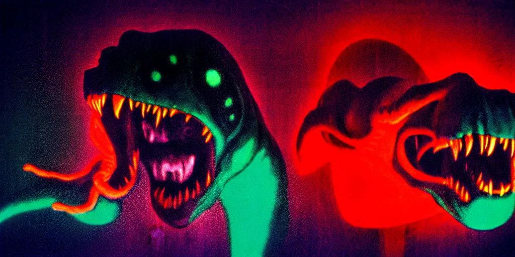 Prompt: photograph of the full body of a screaming and angry dangerous shape shifting alien creature, with multiple mutated snarling drooling, inside of a 1 9 7 0 s science lab, neon lights, dirty, ektachrome photograph, volumetric lighting, f 8 aperture, cinematic eastman 5 3 8 4 film