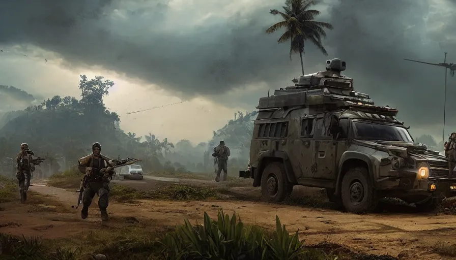 Prompt: a militarized police vehicle riding through a kerala village, troops searching the area, furious action scene, an epic fantasy, dramatic lighting, cinematic, establishing shot, extremely high detail, photorealistic, cinematic lighting, artstation, matte painting, octane render, by simon stalenhag, shadow of the tomb raider, diorama