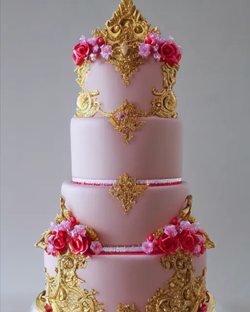 Prompt: elegant rococo quartz raspberry wedding cake dripping fondant, stylized, sparkling, glitter, gilding, ornate, sylvain sarrailh, joongwon jeong