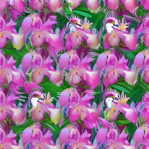 Prompt: *3d repeating pattern tiled, photo realistic depiction of a beautiful woman face surrounded by orchids, lion fish, and colorful flamingos style by Salvador Dali , hyper realistic, octane rendered, —ar 3:1 —no dof