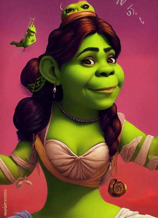 Image similar to lofi portrait of shrek as jasmine the princess, pixar style, by tristan eaton stanley artgerm and tom bagshaw.