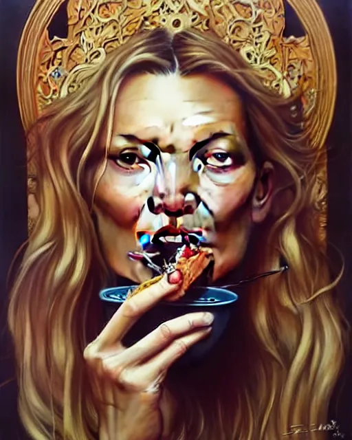 Image similar to Beautiful and playful portrait of kate moss eating a big mac, art nouveau, fantasy, intricate flower designs, elegant, highly detailed, sharp focus, art by Artgerm and Greg Rutkowski and WLOP