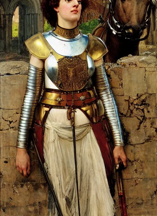 Image similar to portrait of helen of troy in armour outside the city walls, by lawrence alma tadema and rick berry and norman rockwell