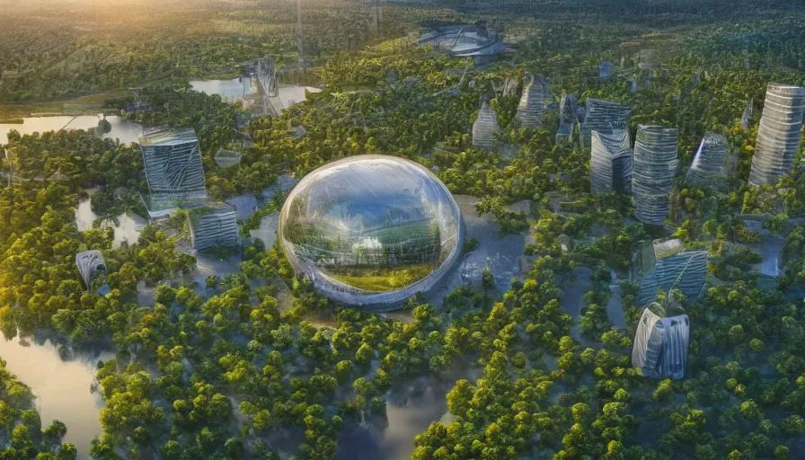 Prompt: capital city of liberland with humongous green glass dome with forest inside and path around it and humongous futuristic glass buildings built in the horizon, sunset light, hyperdetailed, artstation, cgsociety, 8 k