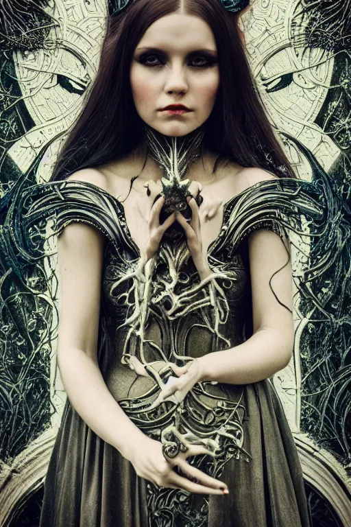 Image similar to Cinestill 50d, 8K, highly detailed, major arcana H.R Giger art nouveau nightmare Agnieszka Lorek tarot star card style 3/4 closeup portrait, eye contact, focus on model, tilt shift background: famous major arcana tarot remake, transformation scene