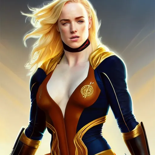 Image similar to Caity Lotz with blonde hair as Power Girl, western, D&D, fantasy, intricate, elegant, highly detailed, digital painting, artstation, concept art, matte, sharp focus, illustration, art by Artgerm and Greg Rutkowski and Alphonse Mucha