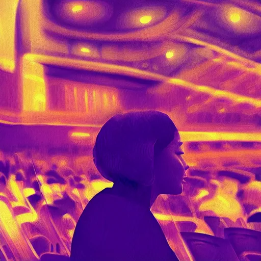 Image similar to “a woman with synesthesia listening to an orchestra at a concert hall, digital art”