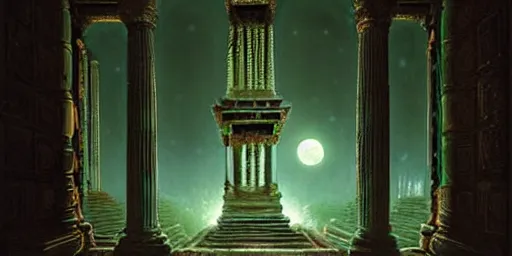 Prompt: beautiful hyperrealistic epic painting of the mysterious intricate clockwork ruins of an ancient temple with advanced alien technology under the moonlight, a green glowing crystal is inside the temple, by hubert robert and lee madwick and bastien lecouffe deharme, dramatic lighting