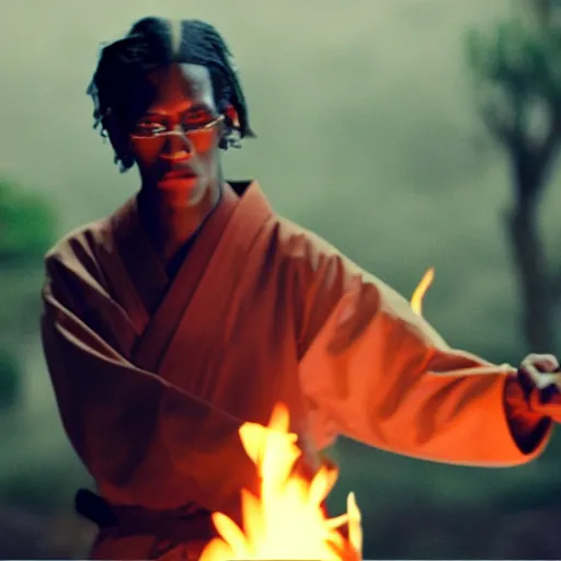 Image similar to cinematic film still of Young Thug starring as a Japanese Sensei with fire, Japanese CGI, VFX, 2003, 40mm lens, shallow depth of field, film photography