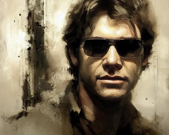 Image similar to portrait of young han solo young harrison ford in shades of grey but with brown by jeremy mann