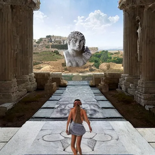 Prompt: young ancient greek godess in helmet, giant gray-haired bearded male head in background, ancient greek temple in background, by David Ligare, wide angle landscape, award winning masterpiece with incredible details, epic stunning, infinity pool, highly detailed, trending on ArtStation, artgerm and greg rutkowski and alphonse mucha, IAMAG, broken giant marble head statue ruins, golden hour