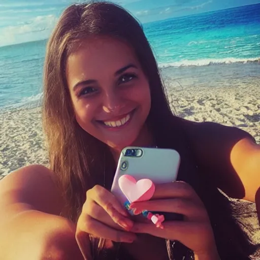 Image similar to “a college girl taking a selfie on the beach with lots of hearts in the air”