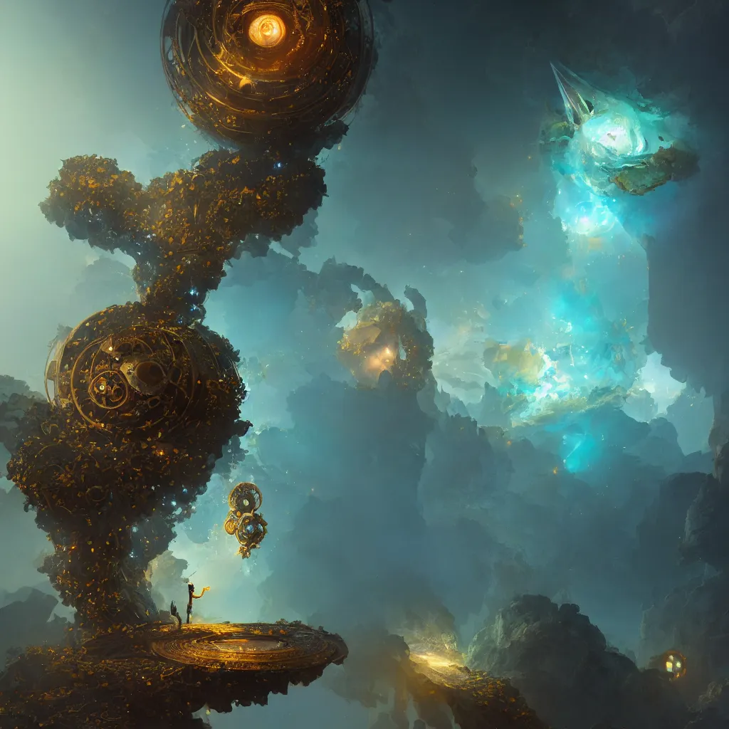 Image similar to within a flower the whole and finite capsule apparent with awe the apparition, an idea seep's into infinity highly detailed in volumetric void of latent space, golden turquoise steampunk, axonometric high contrast cinematic light, mystical shadows, sharp focus, divine realm of gods, octane render, artist by greg rutkowski,