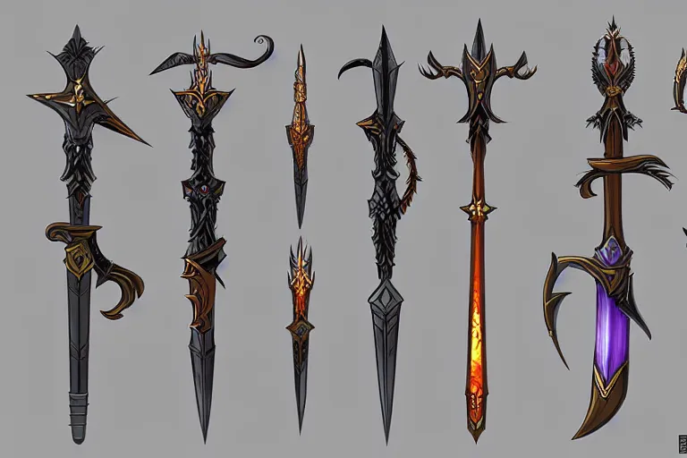 Image similar to design sheet of various magic fantasy weapons, varied colors