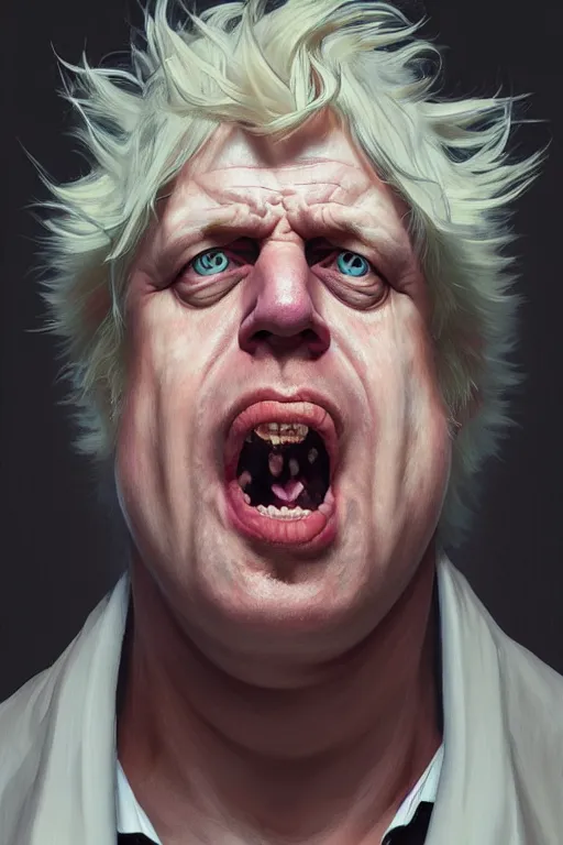 Image similar to Boris Johnson as Rick Sanchez, realistic portrait, symmetrical, highly detailed, digital painting, artstation, concept art, smooth, sharp focus, illustration, cinematic lighting, art by artgerm and greg rutkowski and alphonse mucha