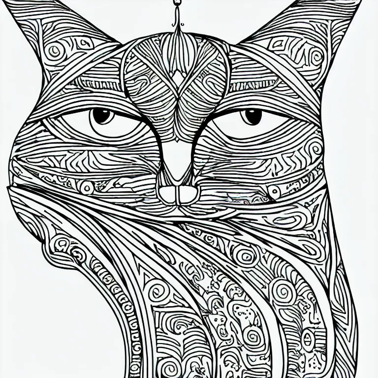 Prompt: egiptian cat's head ornaments fractal ink drawing line art colouring page, vector, margins, fine lines, centered