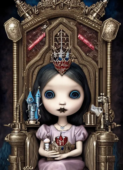 Image similar to highly detailed closeup portrait of a gothic nurse princess wearing a crown and sitting on an ice throne surrounded by cute tin toy retro robots, nicoletta ceccoli, mark ryden, lostfish, earl nore, hyung tae, frank frazetta, global illumination, god rays, detailed and intricate environment